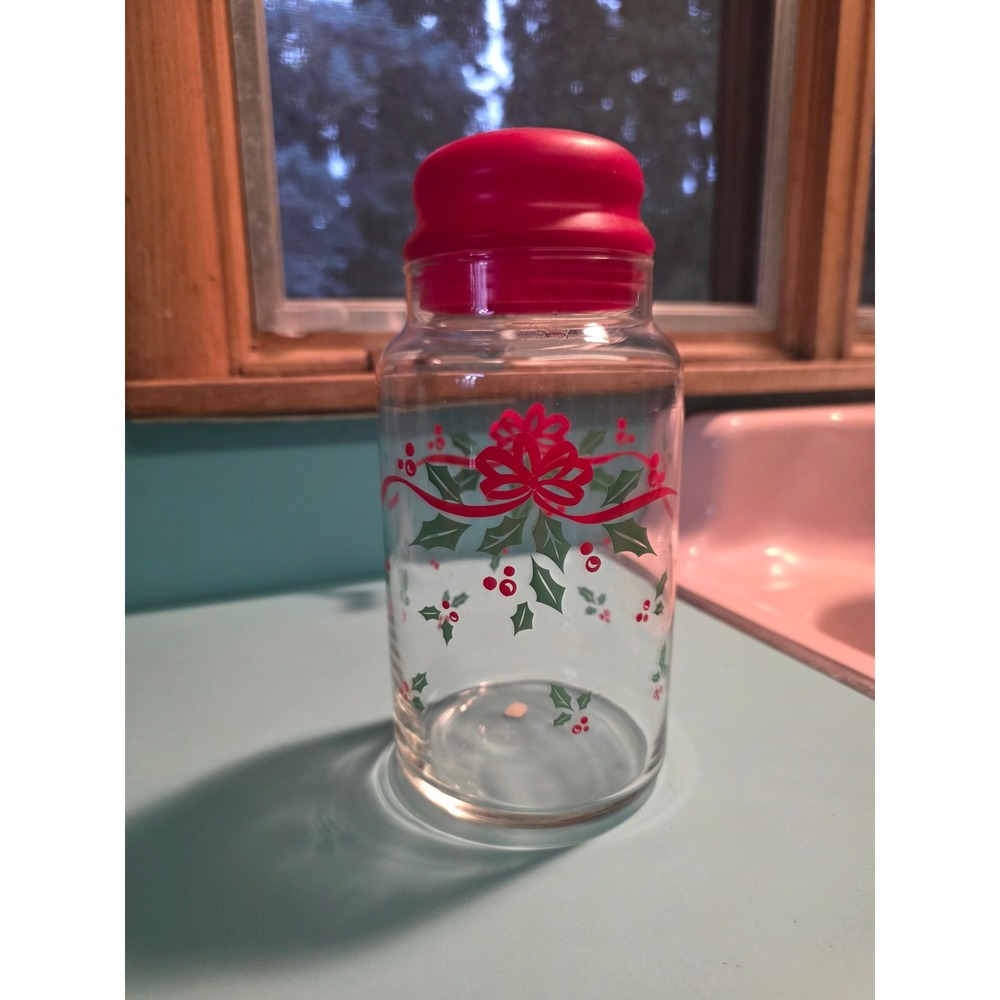 Vintage Corelle Coordinates Winter Holly Glass Jar Red Lid Christmas Canister
